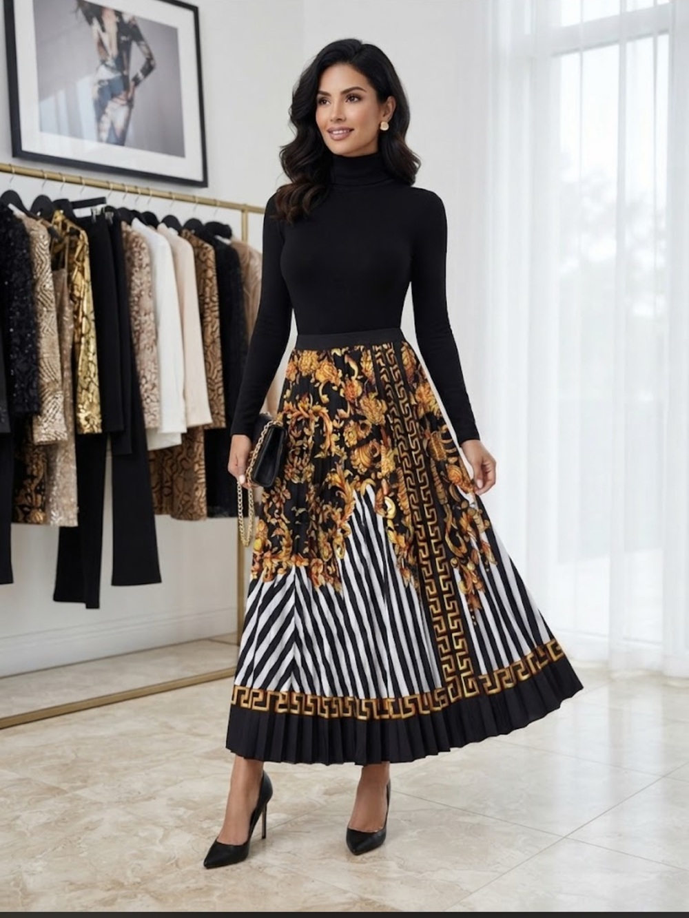 Elegant Black Floral & Striped Pleated Maxi Skirt
